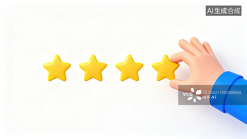 【AI数字艺术】白色背景下蓝色袖子的卡通手捏着拿着一颗黄色五角星，客户评价反馈星级点评体验服务等级满意度调查概念图片素材