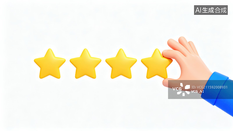 【AI数字艺术】白色背景下蓝色袖子的卡通手捏着拿着一颗黄色五角星，客户评价反馈星级点评体验服务等级满意度调查概念图片素材