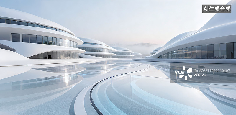 【AI数字艺术】未来科技感建筑，曲面建筑，汽车广告背景图图片素材