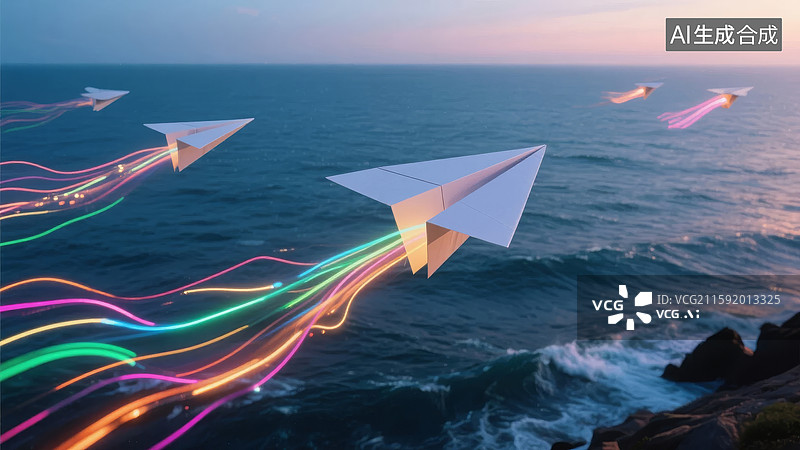【AI数字艺术】彩色纸飞机飞越海洋图片素材