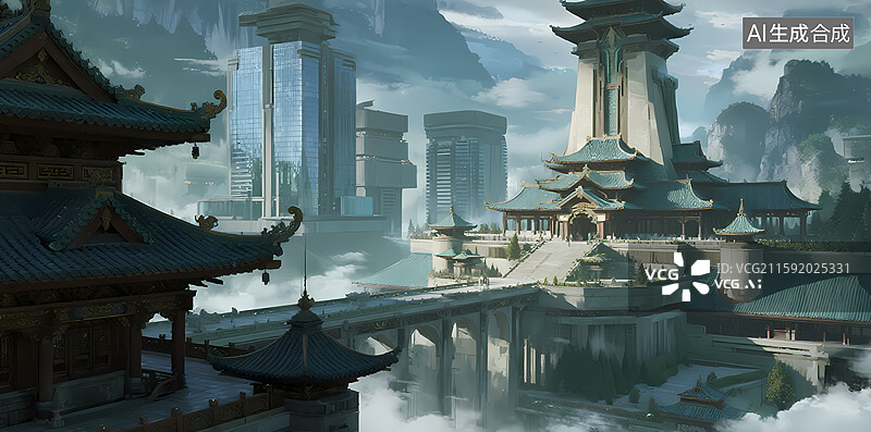 【AI数字艺术】东方古建筑与未来城市融合景观图片素材