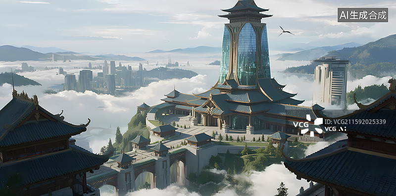 【AI数字艺术】云雾中的东方古塔建筑群图片素材