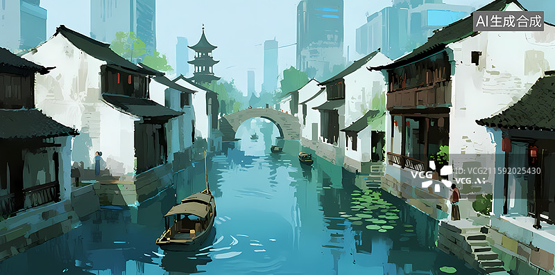 【AI数字艺术】江南水乡古桥河道图片素材