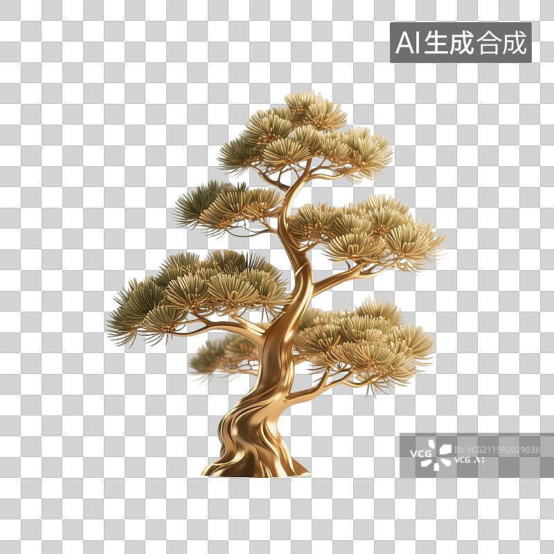 【AI数字艺术】3D渲染国风元素，松树，金色迎客松，罗汉松盆景，松树盆栽，中式植物花卉，重阳节，免抠元素图片素材