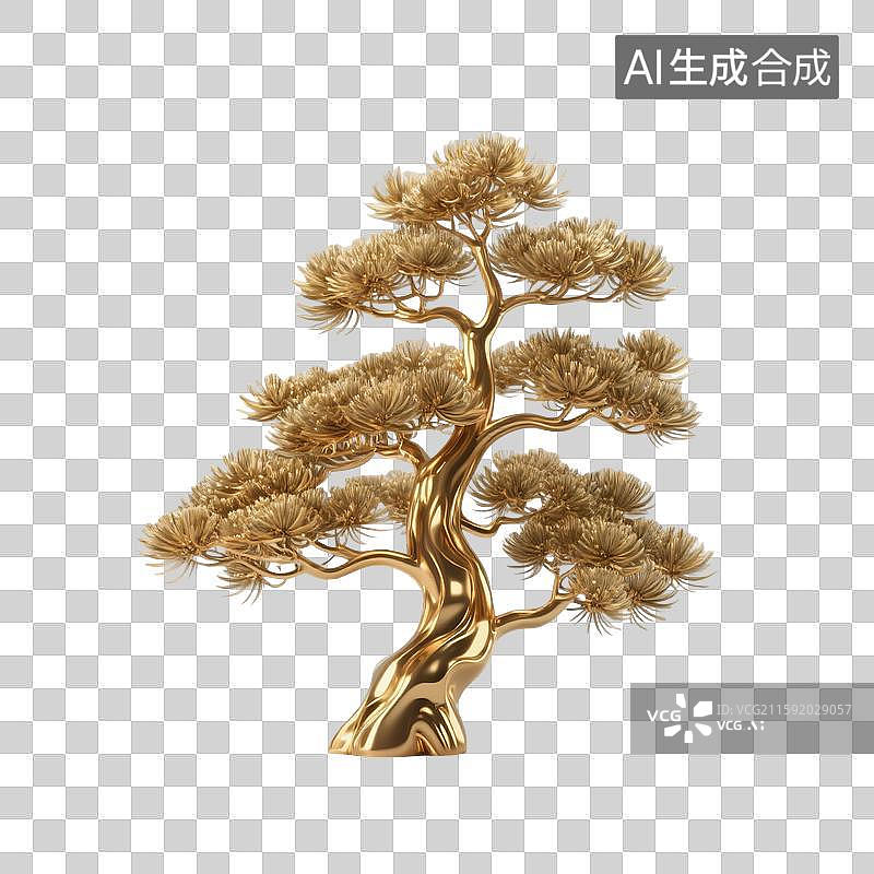 【AI数字艺术】3D渲染国风元素，松树，金色迎客松，罗汉松盆景，松树盆栽，中式植物花卉，重阳节，免抠元素图片素材