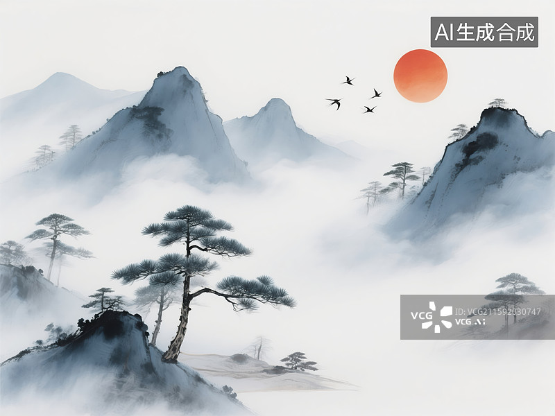 【AI数字艺术】水墨松峰旭日飞鸟图图片素材