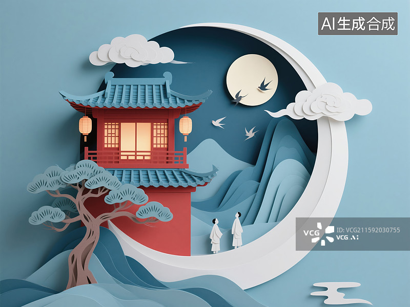 【AI数字艺术】纸雕月下古阁仕女图图片素材