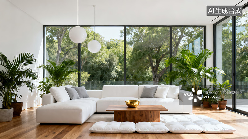 【AI数字艺术】现代简约风格阳光客厅室内场景图片素材