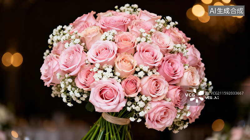 【AI数字艺术】浪漫粉色玫瑰婚礼手捧花束图片素材