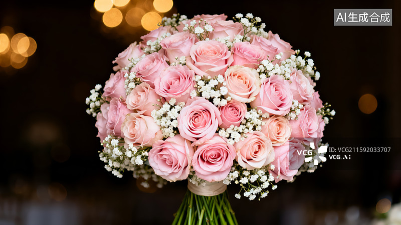【AI数字艺术】浪漫粉色玫瑰婚礼手捧花束图片素材