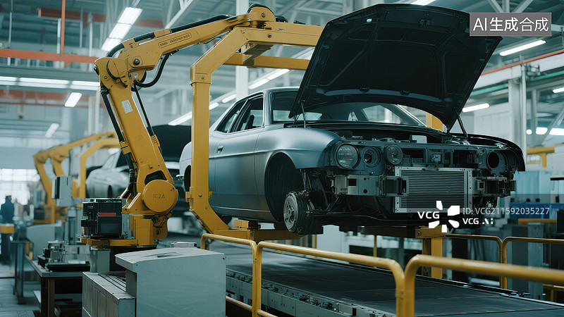 【AI数字艺术】汽车生产线上的机械臂作业图片素材