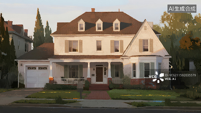 【AI数字艺术】两层白色住宅，带前廊和车库图片素材