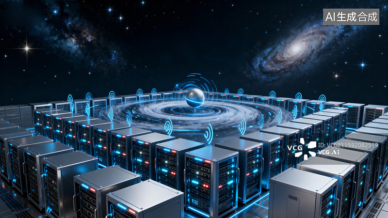 【AI数字艺术】宇宙背景下的服务器阵列图片素材