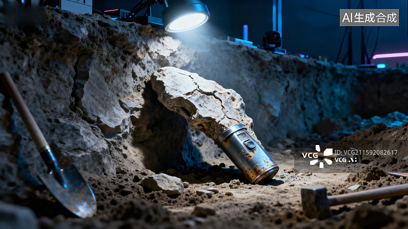 【AI数字艺术】考古现场发掘金属罐图片素材