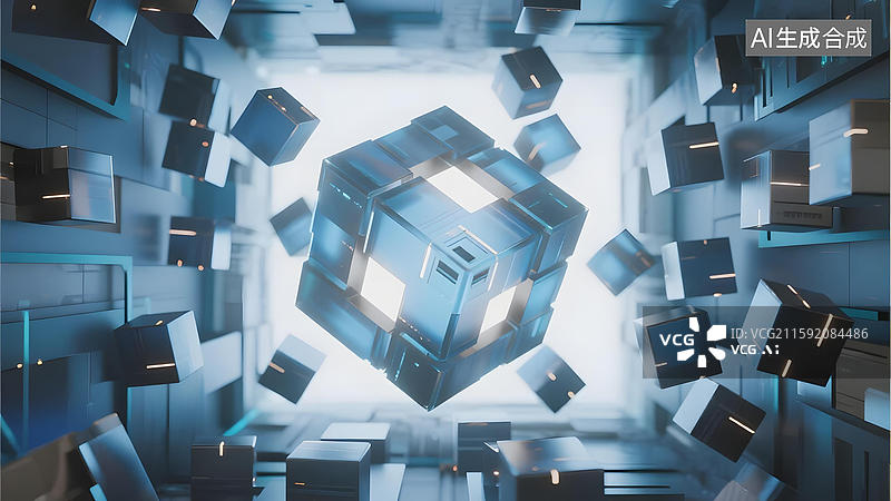 【AI数字艺术】悬浮立方体科技空间图片素材