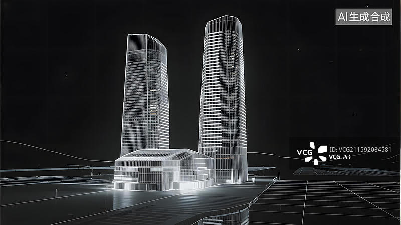 【AI数字艺术】双塔建筑夜景线框图图片素材