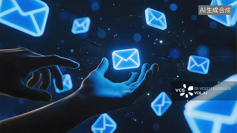 【AI数字艺术】双手传递发光邮件图标图片素材