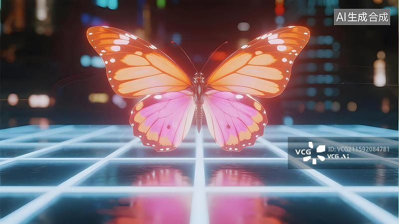 【AI数字艺术】发光蝴蝶在科技网格上图片素材