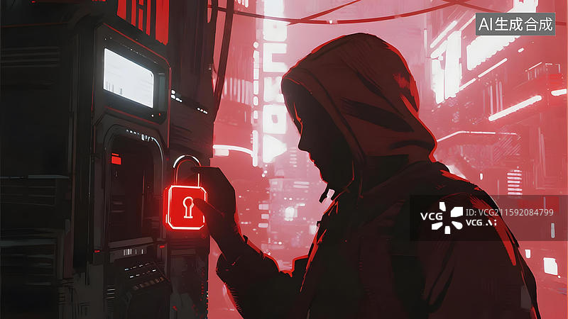 【AI数字艺术】黑客在霓虹城市破解锁具图片素材