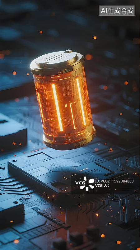 【AI数字艺术】发光电池悬浮于电路板上图片素材