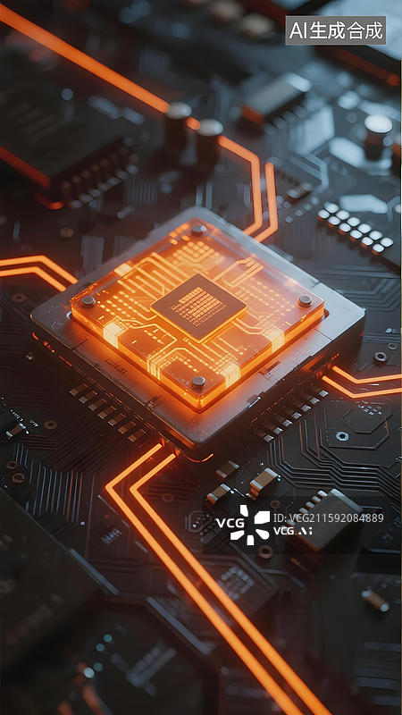 【AI数字艺术】发光电路板上的芯片特写图片素材
