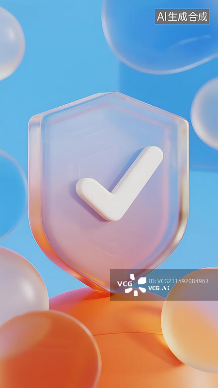 【AI数字艺术】透明盾牌与对勾符号图片素材