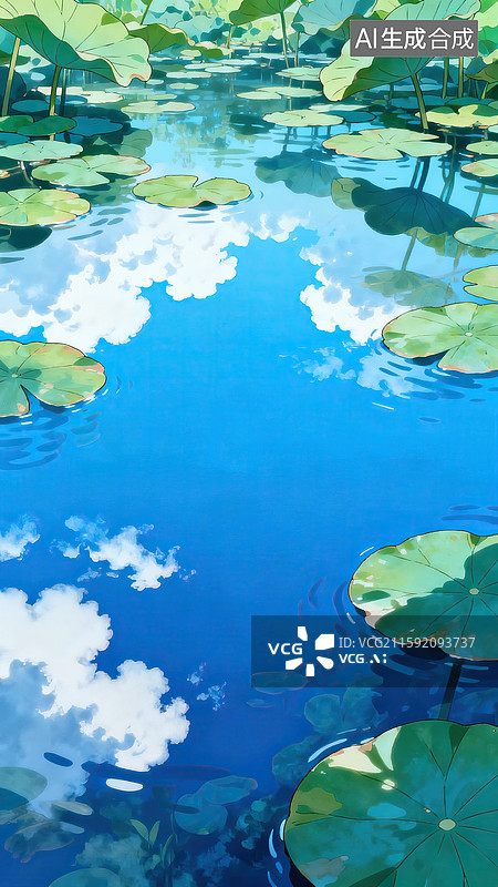 【AI数字艺术】夏天的池塘手绘插画图片素材