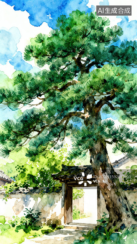 【AI数字艺术】郁郁葱葱的大松树国风水彩手绘插画图片素材