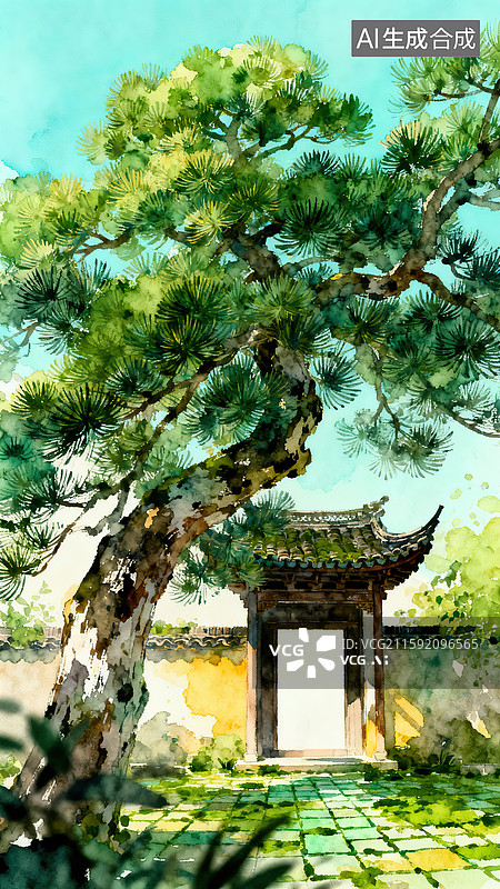 【AI数字艺术】郁郁葱葱的大松树国风水彩手绘插画图片素材