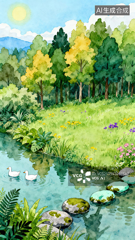 【AI数字艺术】郊外小河流风景手绘插画图片素材