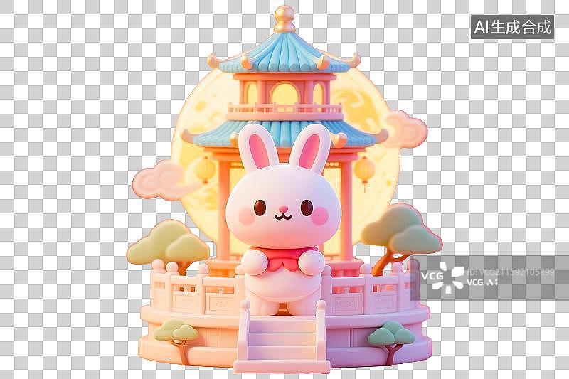 【AI数字艺术】中秋节吉祥物IP设计玉兔中国古代神话天庭宫殿广寒宫场景3D立体萌系可爱卡通插图免抠元素超级大圆月明月图片素材