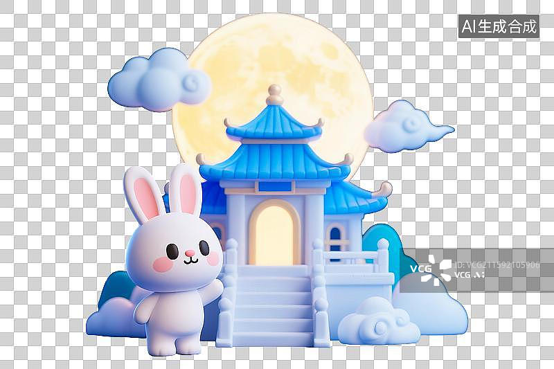 【AI数字艺术】中秋节吉祥物IP设计玉兔中国古代神话天庭宫殿广寒宫场景3D立体萌系可爱卡通插图免抠元素超级大圆月明月图片素材