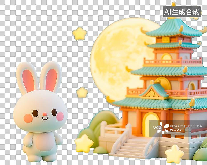 【AI数字艺术】中秋节吉祥物IP设计玉兔中国古代神话天庭宫殿广寒宫场景3D立体萌系可爱卡通插图免抠元素超级大圆月明月图片素材