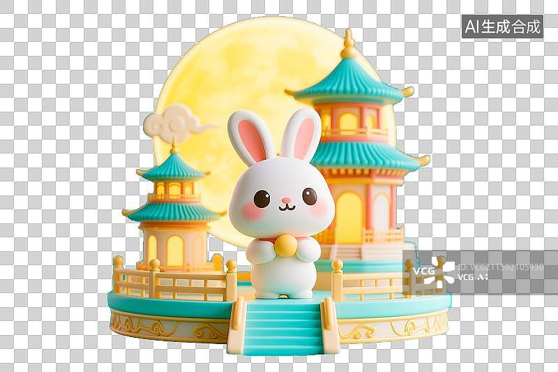 【AI数字艺术】中秋节吉祥物IP设计玉兔中国古代神话天庭宫殿广寒宫场景3D立体萌系可爱卡通插图免抠元素超级大圆月明月图片素材