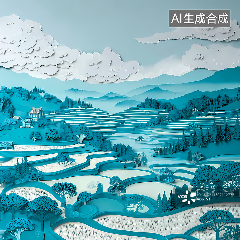 【AI数字艺术】国风蓝白纸雕风格农田梯田图片素材
