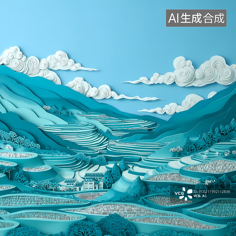 【AI数字艺术】国风蓝白纸雕风格农田梯田图片素材