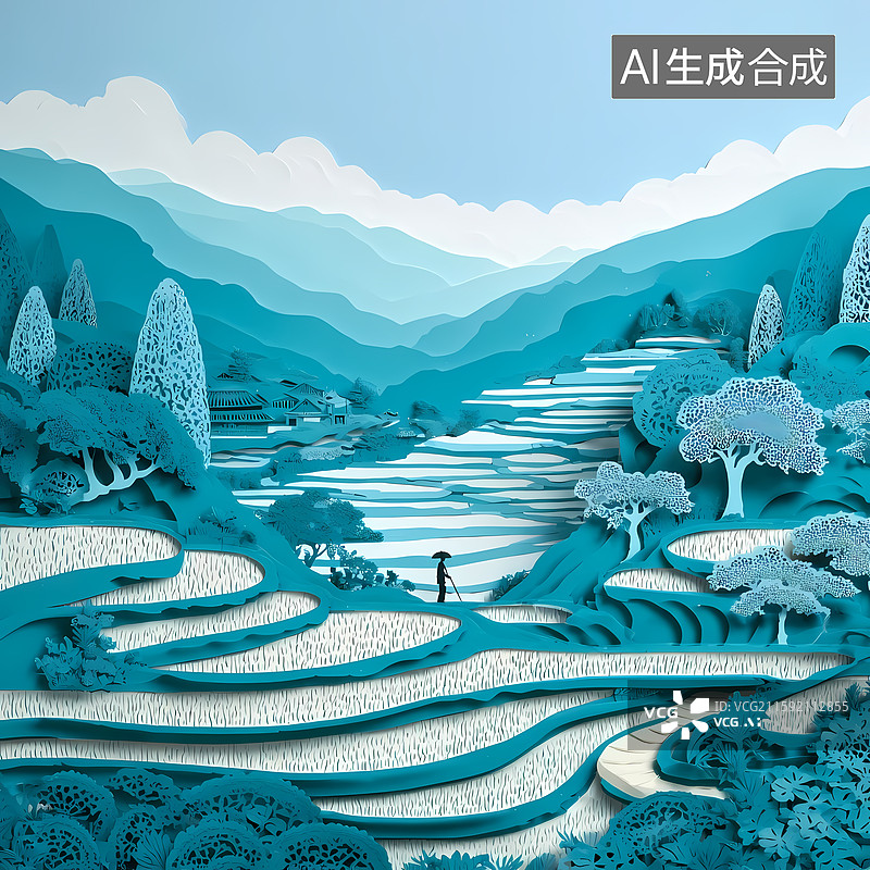 【AI数字艺术】国风蓝白纸雕风格农田梯田图片素材