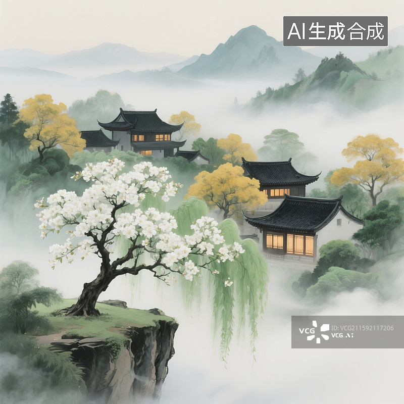 【AI数字艺术】古风山水美景，宛如世外桃源，云雾缭绕，一棵繁花满枝的树矗立在悬崖边，旁边翠绿的垂柳，错落有致的古建筑图片素材