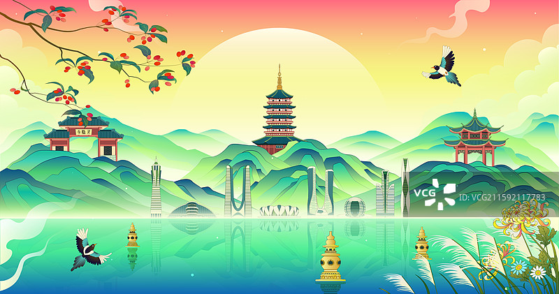 杭州地标建筑重阳节山水国风插画图片素材