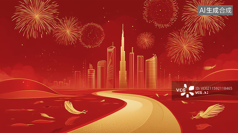 【AI数字艺术】红色背景的城市节日气氛图片素材