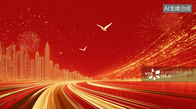 【AI数字艺术】红色背景的城市节日气氛图片素材