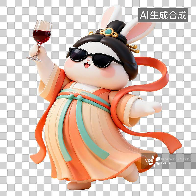【AI数字艺术】中秋节嫦娥造型的小白兔喝桂花酒卡通3D风格免抠元素图片素材