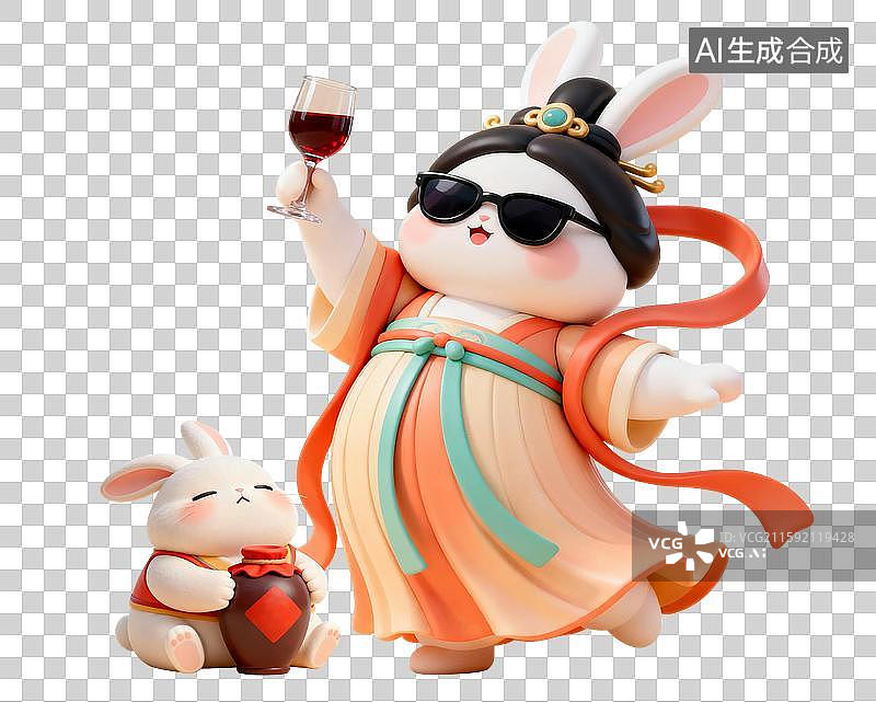 【AI数字艺术】中秋节嫦娥造型的小白兔喝桂花酒卡通3D风格免抠元素图片素材