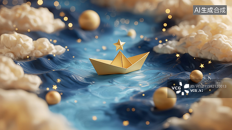 【AI数字艺术】金色的折纸小船在梦幻的河流中行驶图片素材
