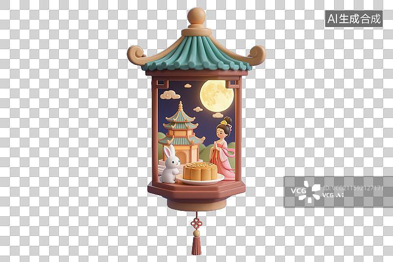 【AI数字艺术】新国风中式灯笼宫灯中秋节嫦娥玉兔月饼超级大月亮天庭天宫广寒宫古风微缩景观微距创意场景免抠元素设计素材图片素材
