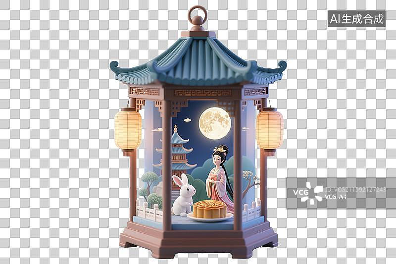 【AI数字艺术】新国风中式灯笼宫灯中秋节嫦娥玉兔月饼超级大月亮天庭天宫广寒宫古风微缩景观微距创意场景免抠元素设计素材图片素材