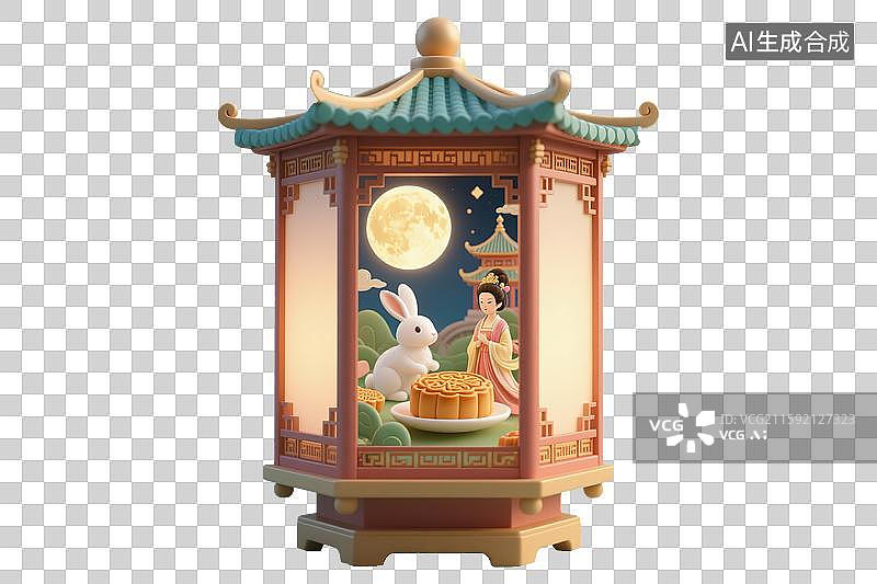 【AI数字艺术】新国风中式灯笼宫灯中秋节嫦娥玉兔月饼超级大月亮天庭天宫广寒宫古风微缩景观微距创意场景免抠元素设计素材图片素材