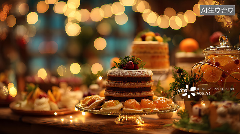 【AI数字艺术】节日餐桌上的甜点布置图片素材