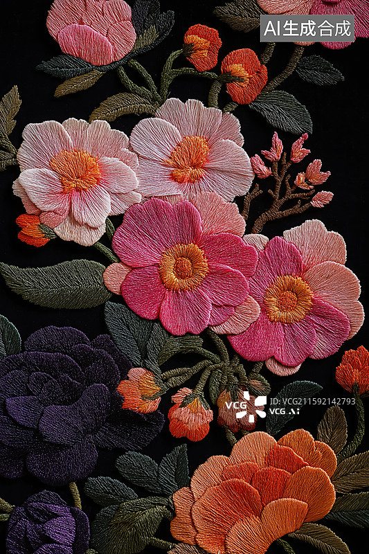 【AI数字艺术】彩色花卉刺绣图案图片素材