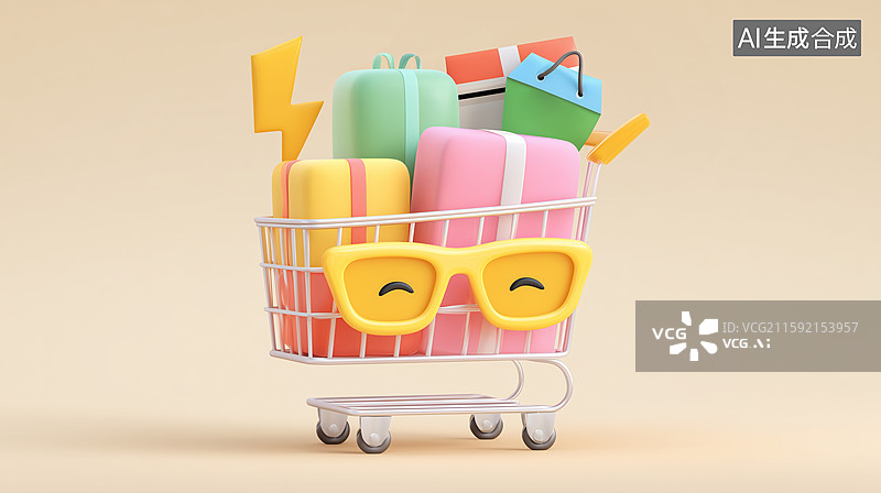 【AI数字艺术】3D卡通购物车礼物场景图片素材
